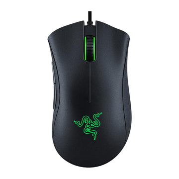 Black gaming mouse with green accents and Razer logo on a white background
