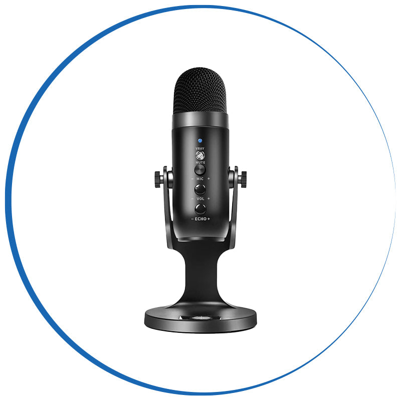 Microphone lineup including lavalier, condenser, and podcast mics