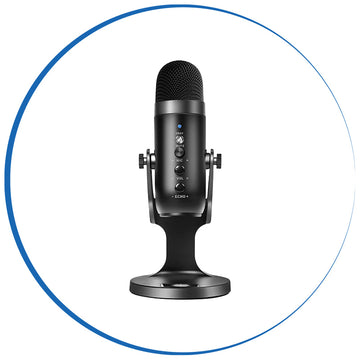 Microphone lineup including lavalier, condenser, and podcast mics