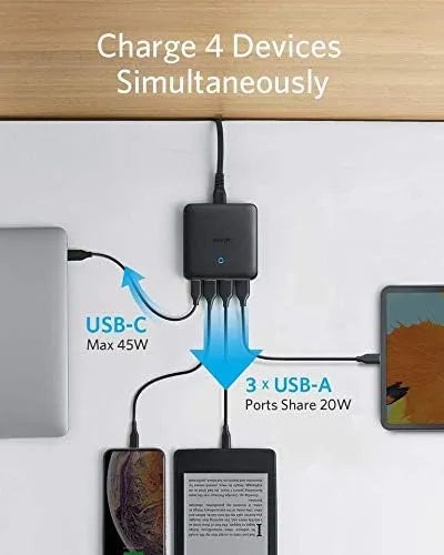 Anker A2045 65W 4 Port PIQ 3.0 & GaN Fast Charger Adapter, PowerPort Atom III Slim