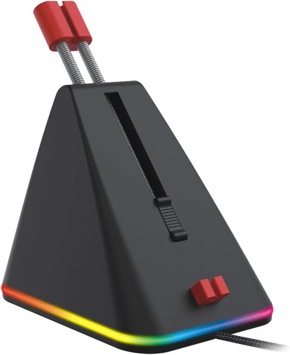 Black triangular device with a red top and rainbow LED lights on a white background