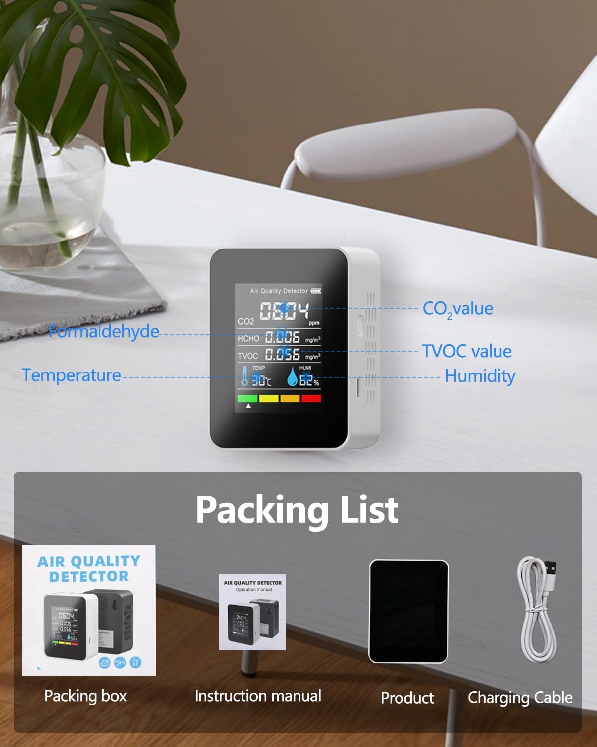 Air Quality Monitor 5 in 1 Multifunctional Automatic Display - White - Rebuy-Box