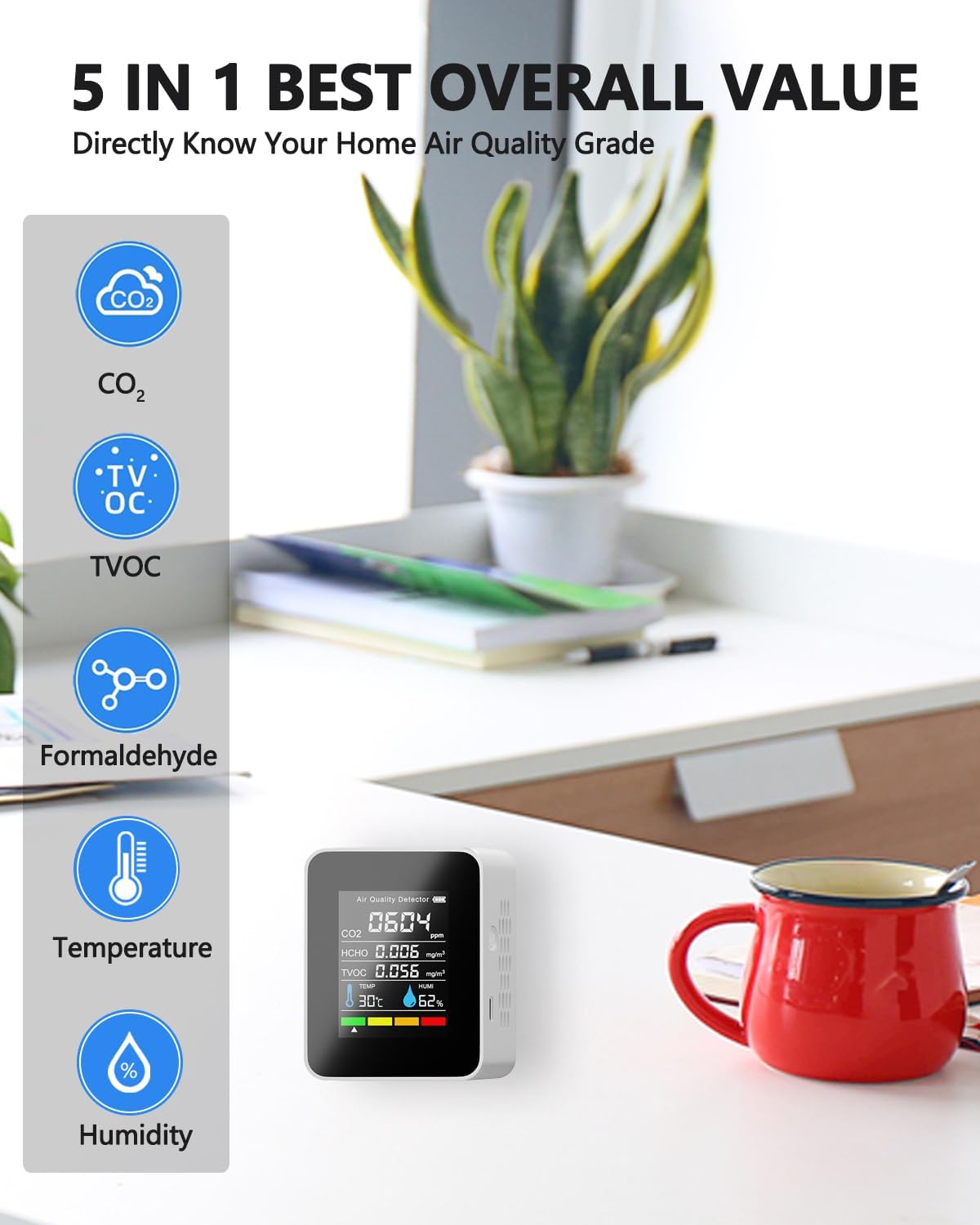 Air Quality Monitor 5 in 1 Multifunctional Automatic Display - White - Rebuy-Box