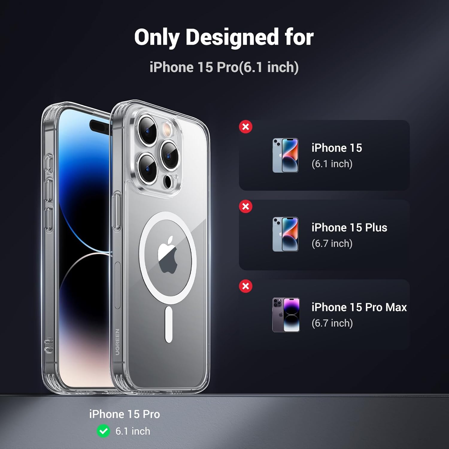 Ugreen Classy Clear Magnetic Protective Case for iphone 15 Pro (Clear)