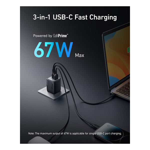 Anker Prime 67W GaN 3-Port Wall Charger Black with GaNPrime Technology, 67W Max USB-C Fast Charging for Laptop, Tablet and Smartphone - Rebuy-Box