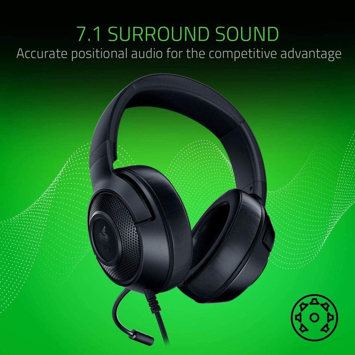 Black gaming headset with 7.1 surround sound on a green background