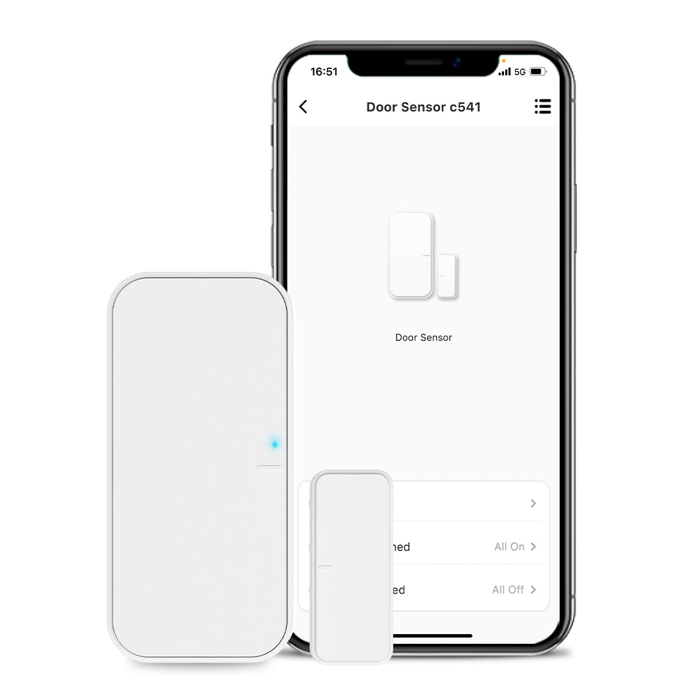 White door sensor next to a smartphone displaying an app interface on a white background