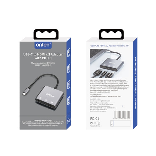 Onten USB-C to Dual HDMI Adapter with PD 3.0 - OTN-9175S - Grey