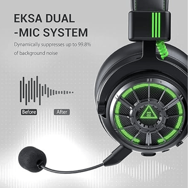 EKSA E5000 Pro Wired Gaming Headset Showing Dual-Mic ENC Noise Reduction Technology Black Rebuy-Box