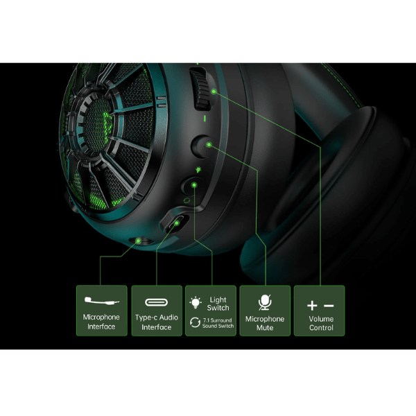 EKSA E5000 Pro Wired Gaming Headset Showing Volume Controls, Microphone Mute and Type-C Audio Interface Black Rebuy-Box