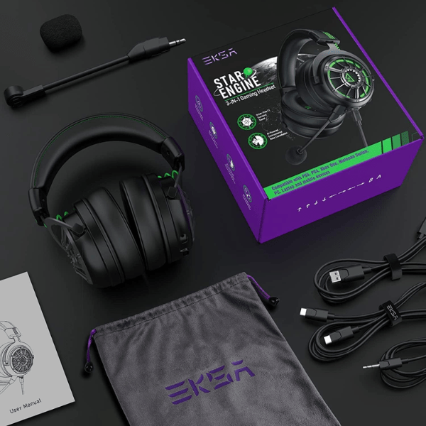 EKSA E5000 Pro Wired Gaming Headset Complete Box Contents Including Carry Bag, USB, USB-C, 3.5mm Cables and Detachable Microphone Rebuy-Box