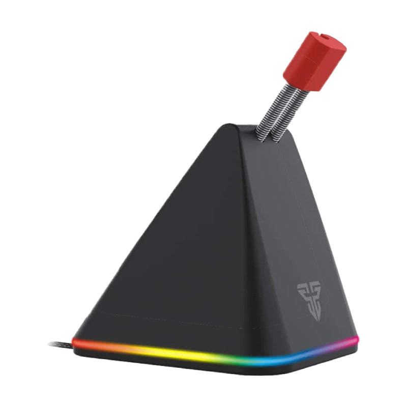 Black triangular device with a red top and rainbow LED lights on a white background