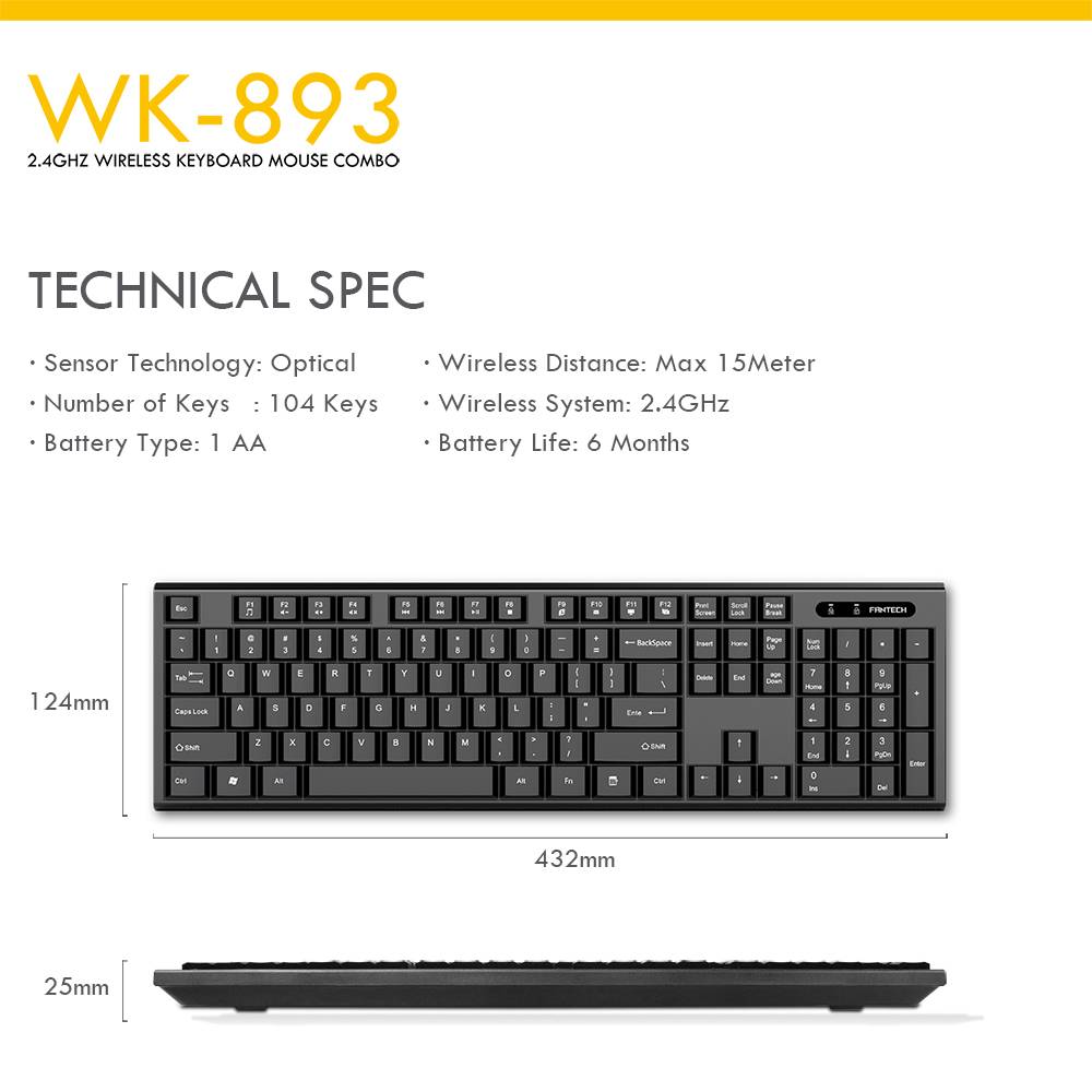Fantech WK-893 Wireless Keyboard &Mouse Combo – Silent Click – Grade A