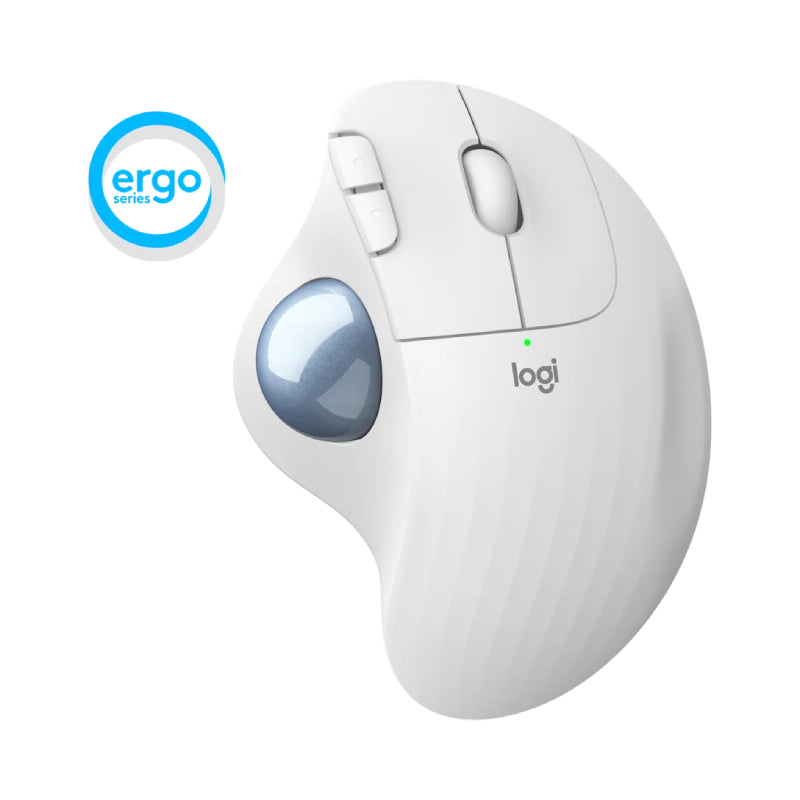 White ergonomic mouse with Logitech branding on a white background
