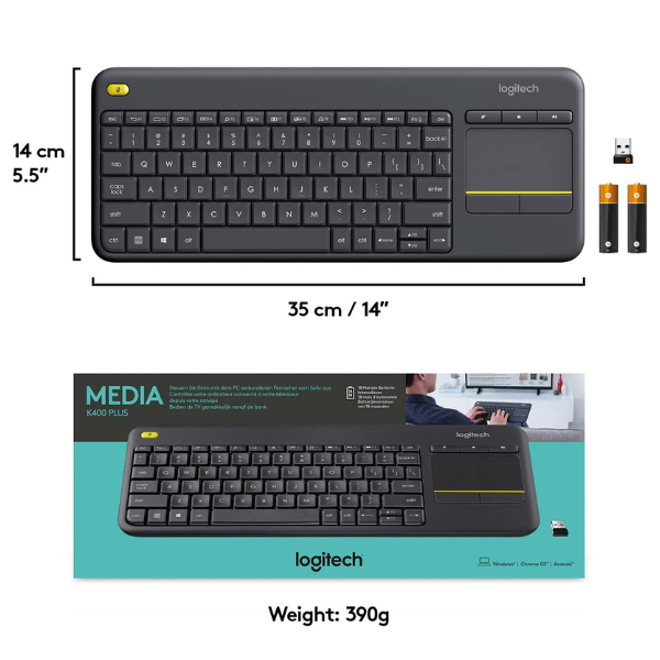 Logitech Keyboard Touch Media K400 Plus - Wireless Bluetooth & Unifying Receiver, Integrated Touchpad, Compact Design - Rebuy-Box