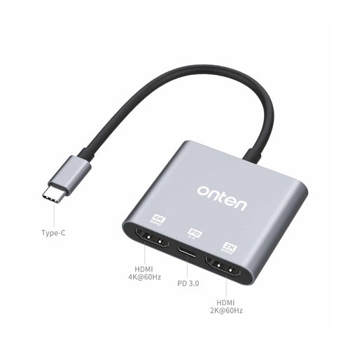 Onten USB-C to Dual HDMI Adapter with PD 3.0 - OTN-9175S - Grey