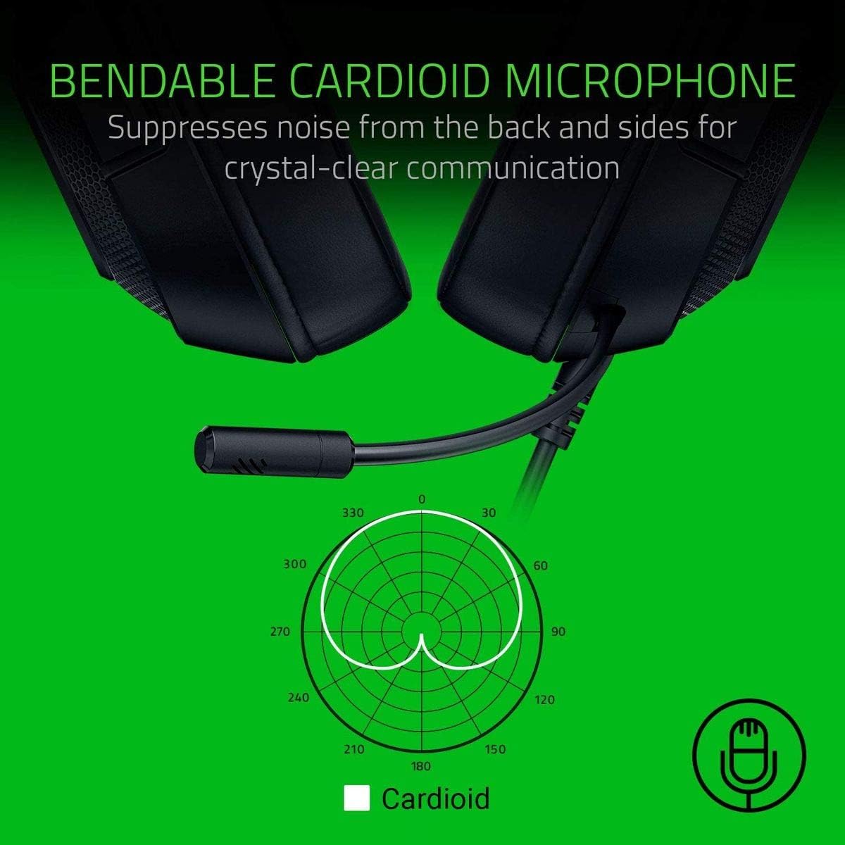 Bendable cardioid microphone with text on a green background