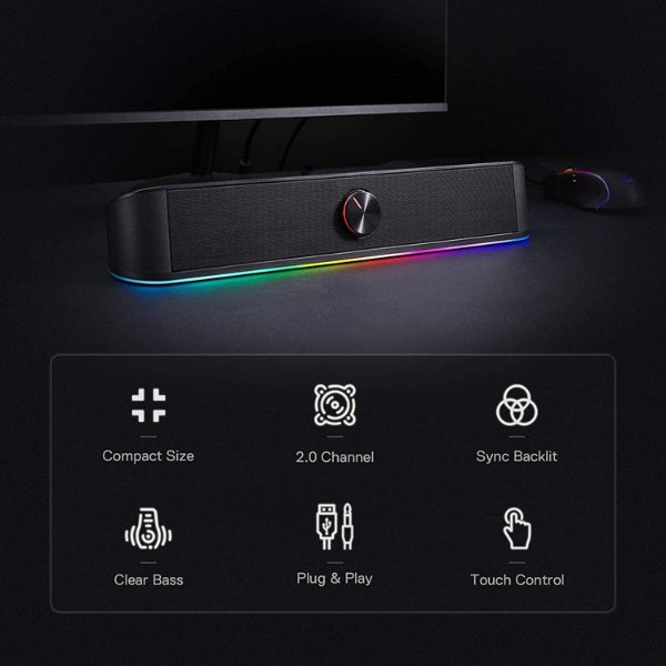 Redragon Adiemus GS560 Stereo Soundbar, 2.0 Channel, RGB Lighting, 3.5mm + USB For RGB - Rebuy-Box