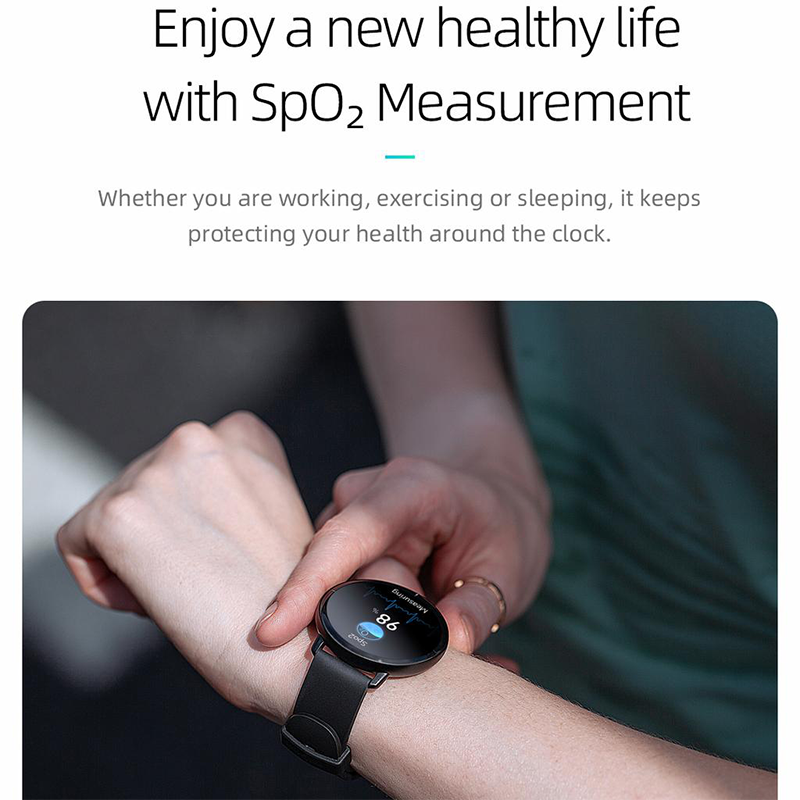 Smartwatch being worn on a wrist with text about SpO2 measurement and health monitoring.