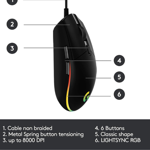 Logitech G203 Wired Gaming Mouse, 8000 DPI, RGB Lighting, 6 Programmable Buttons, Lightweight Design - Rebuy-Box