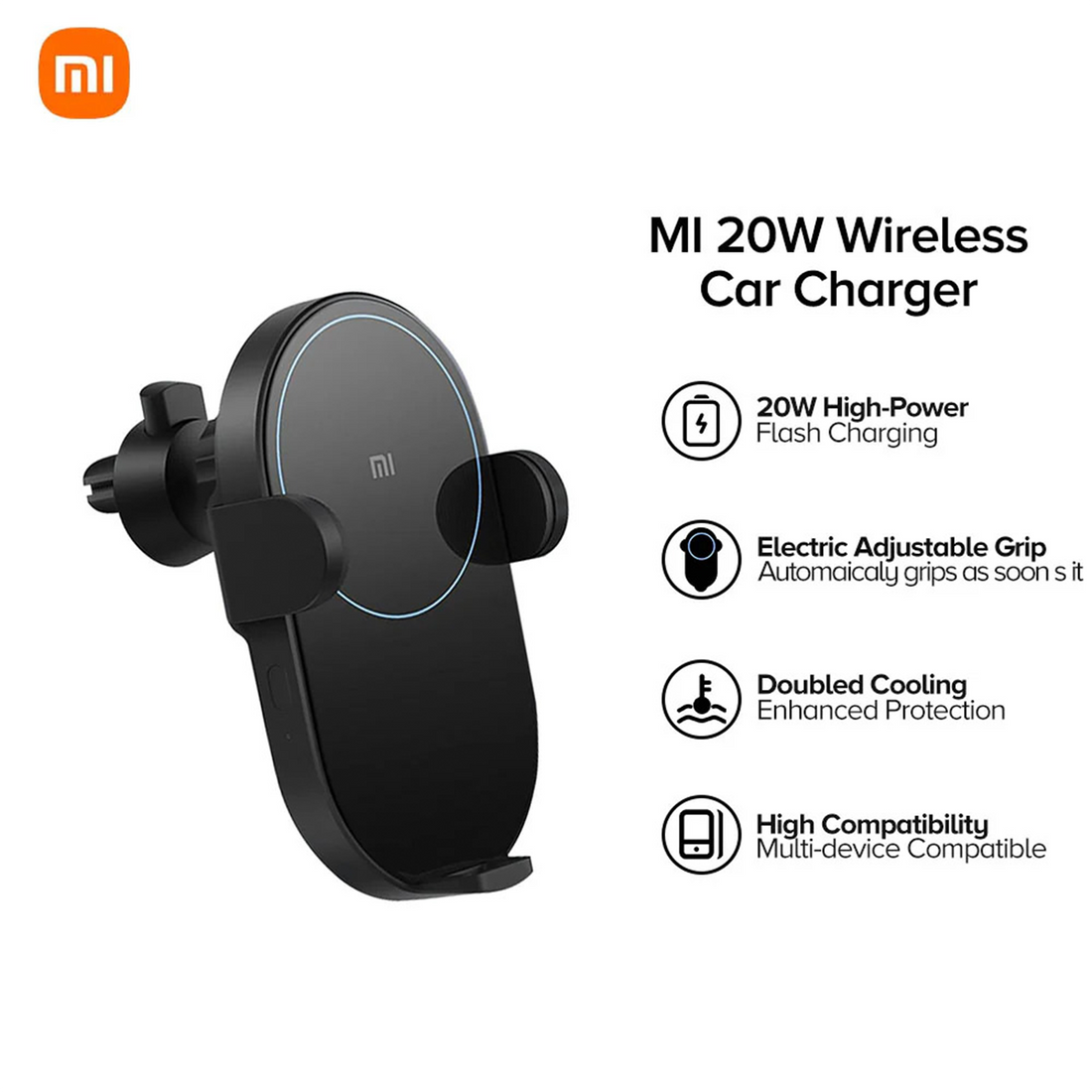 MI 20W Wireless Car Charger with features listed on a white background