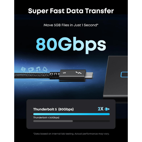 Anker Prime Thunderbolt 5 Cable A84N1P12 Black with 80Gbps Super Fast Data Transfer, Up to 2X Faster Than Thunderbolt 4 - Rebuy-Box