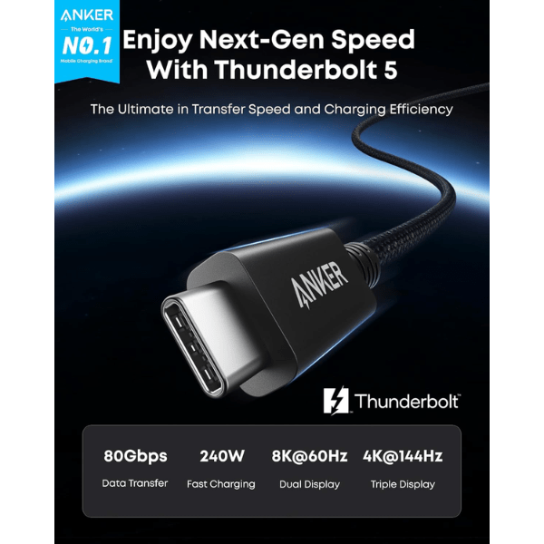 Anker Prime Thunderbolt 5 Cable A84N1P12 Black with 80Gbps Data Transfer, 240W Fast Charging, 8K 60Hz Dual Display and 4K 144Hz Triple Display Support - Rebuy-Box