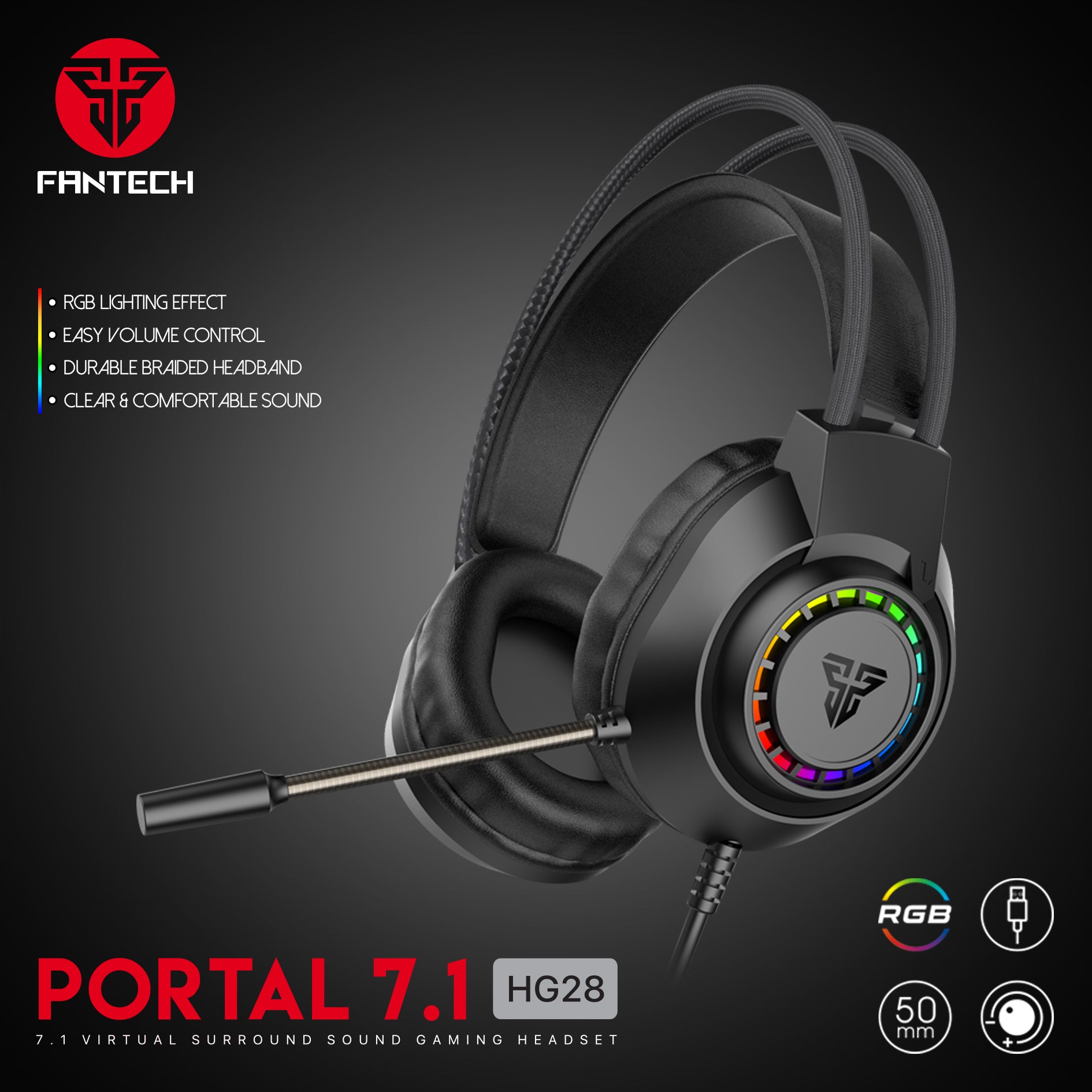 Fantech Portal HG28 7.1 Virtual Surround RGB Gaming Headset – Black (Grade A)