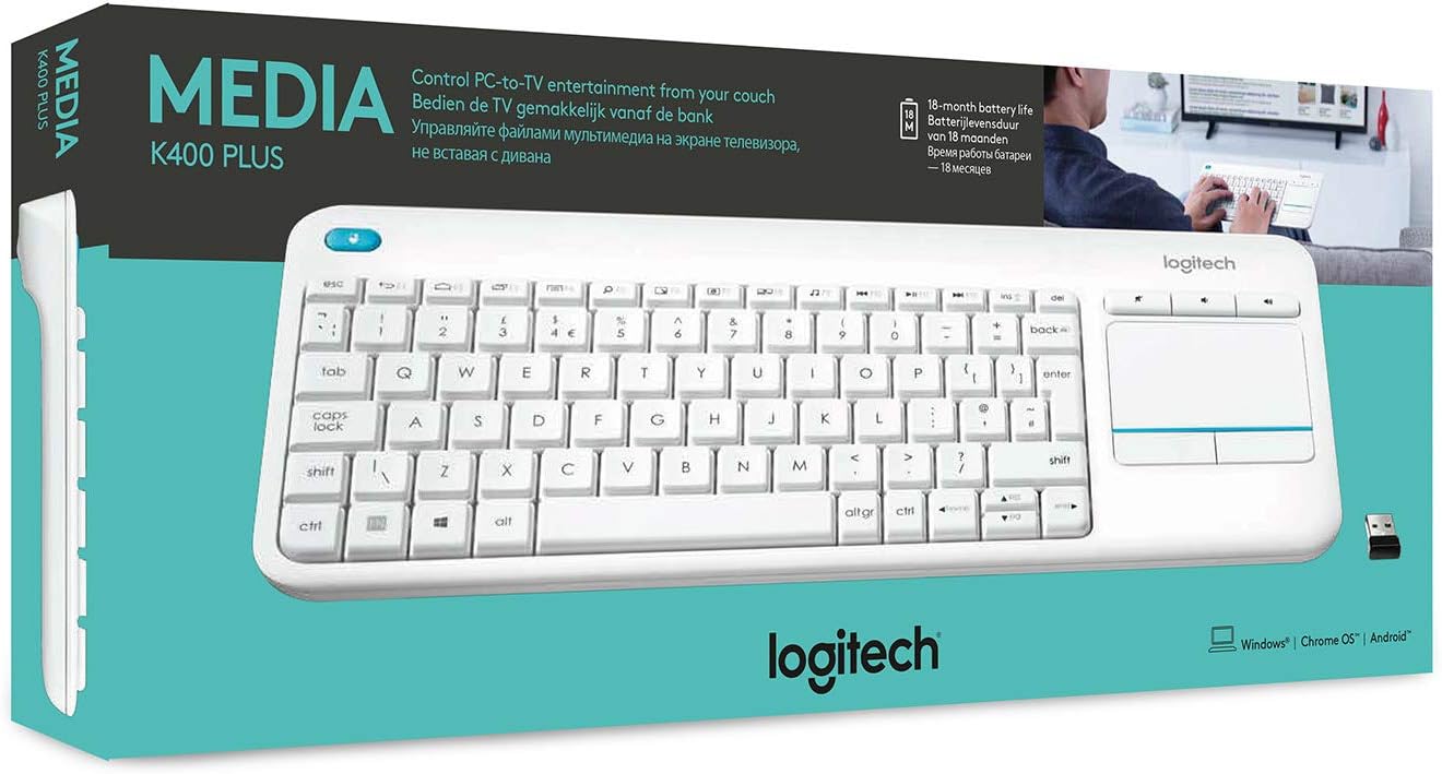 Logitech Keyboard Touch Media K400 Plus White - Wireless Bluetooth & Unifying Receiver, Integrated Touchpad, Compact Design - Rebuy-Box