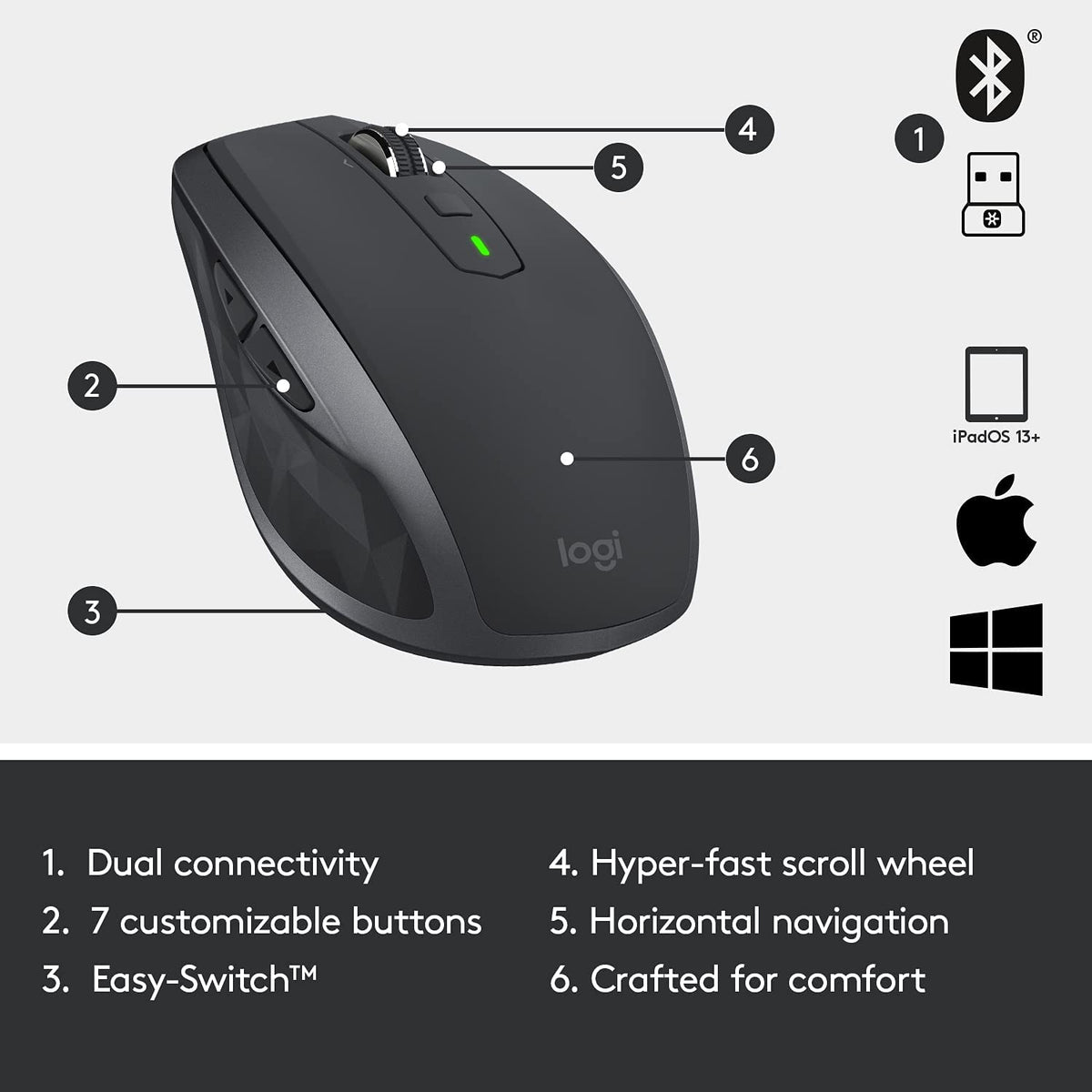 Logitech MX Anywhere 2S Wireless Mouse Graphite with Dual Connectivity, 7 Customizable Buttons, Easy-Switch, Hyper-Fast Scroll Wheel and Horizontal Navigation - Rebuy-Box