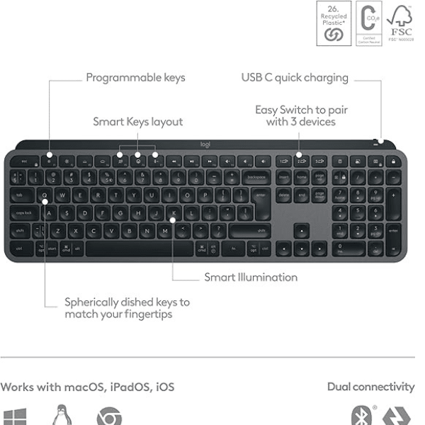 Logitech MX Keys S Wireless Keyboard Graphite with Smart Illumination, Programmable Keys, Easy-Switch for 3 Devices and USB-C Quick Charging - Rebuy-Box