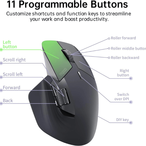 Rapoo MT760 Multi-Mode Wireless Optical Mouse with 11 Programmable Buttons Light Black 12283 0112M-01 Rebuy-Box