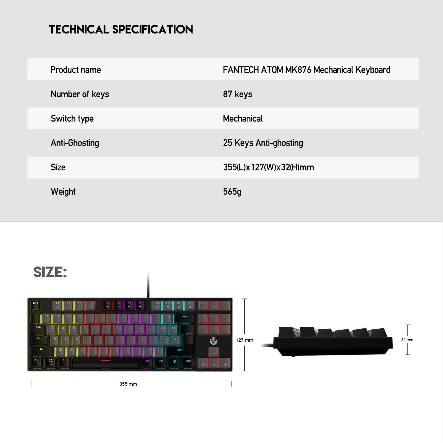FANTECH ATOM MK876 TKL RGB Mechanical Keyboard (Blue Switch)
